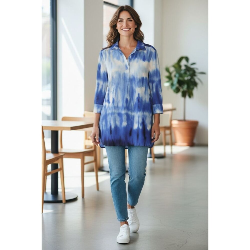 Natori Blue Tie-Dye S Tunic Shirt Dress Collar Buttoned Cuffs Boho